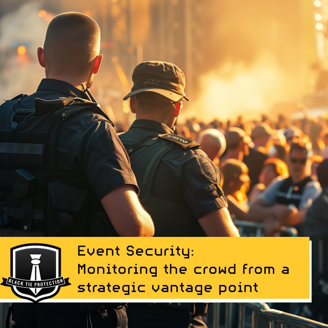 event-secuirty-with-armed-security-guards A photo of armed security guards managing the security at a large outdoor concert, monitoring the crowd from a strategic vantage point, ensuring safety and order