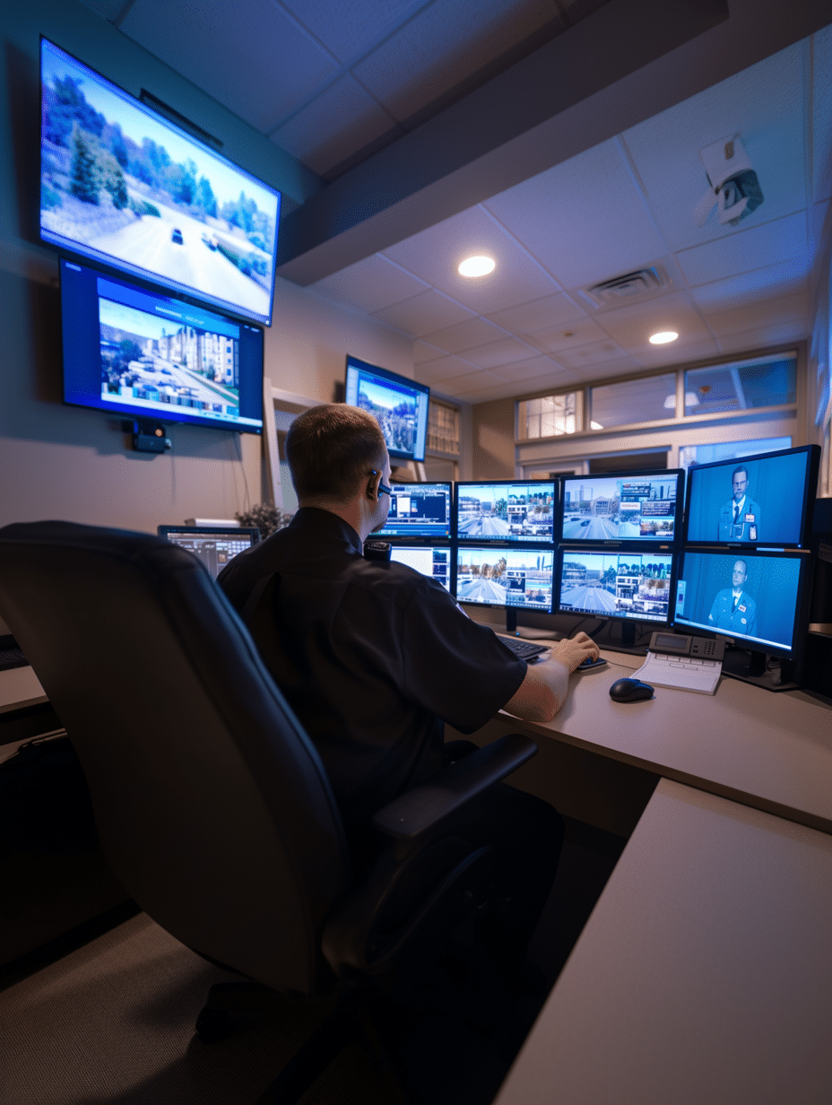 black-tie-protection-security-guards-for-hire A photo of a security guard using advanced surveillance systems in a modern security office, monitoring multiple screens for enhanced property safety