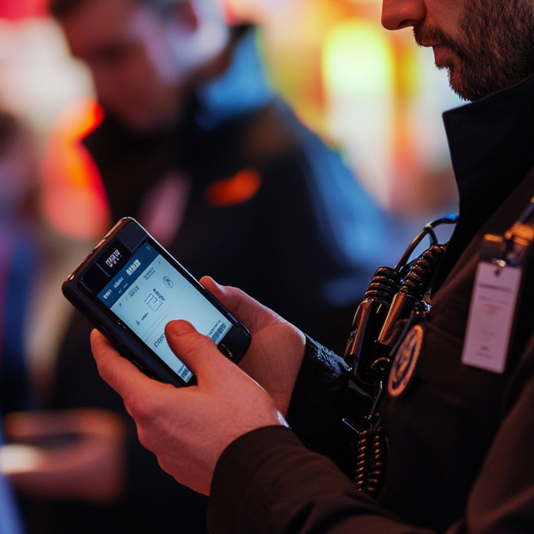 discreet-security-team-corporate-event Security team member using a handheld device for real-time monitoring and communication during a corporate event to ensure VIP safety.