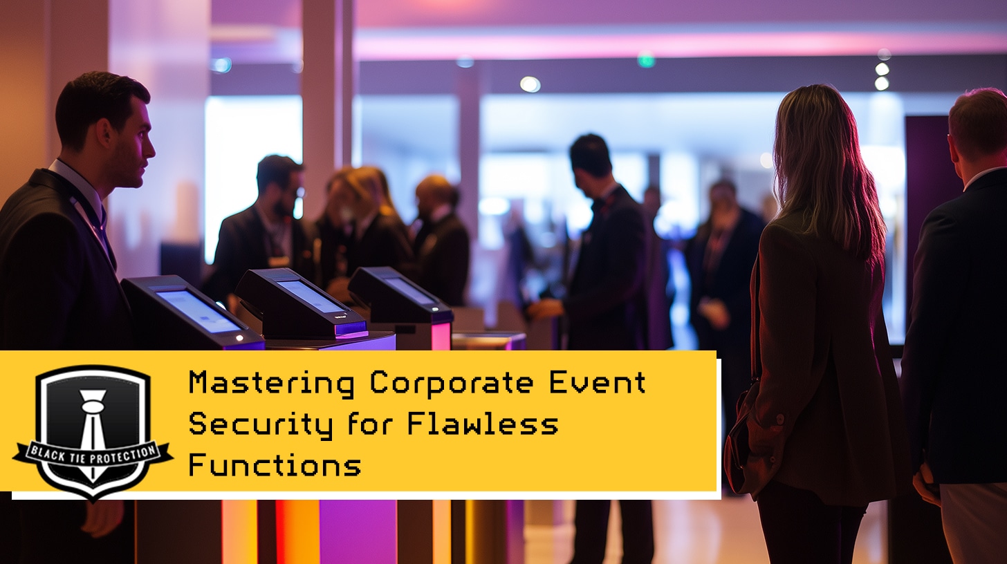 Corporate event security checkpoint at a corporate event with guests walking through metal detectors, monitored by security personnel.