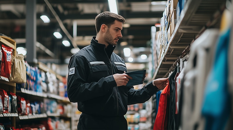 A friendly retail security guard in New Jersey assisting a customer with directions, highlighting the role of security in providing excellent customer service.