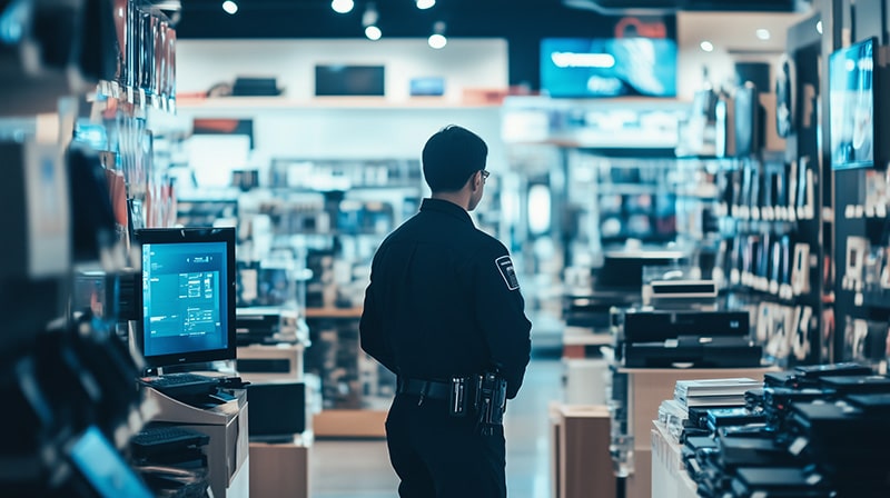 A retail security guard patrolling an electronics section in a New Jersey store, illustrating the deterrence effect in preventing shoplifting.